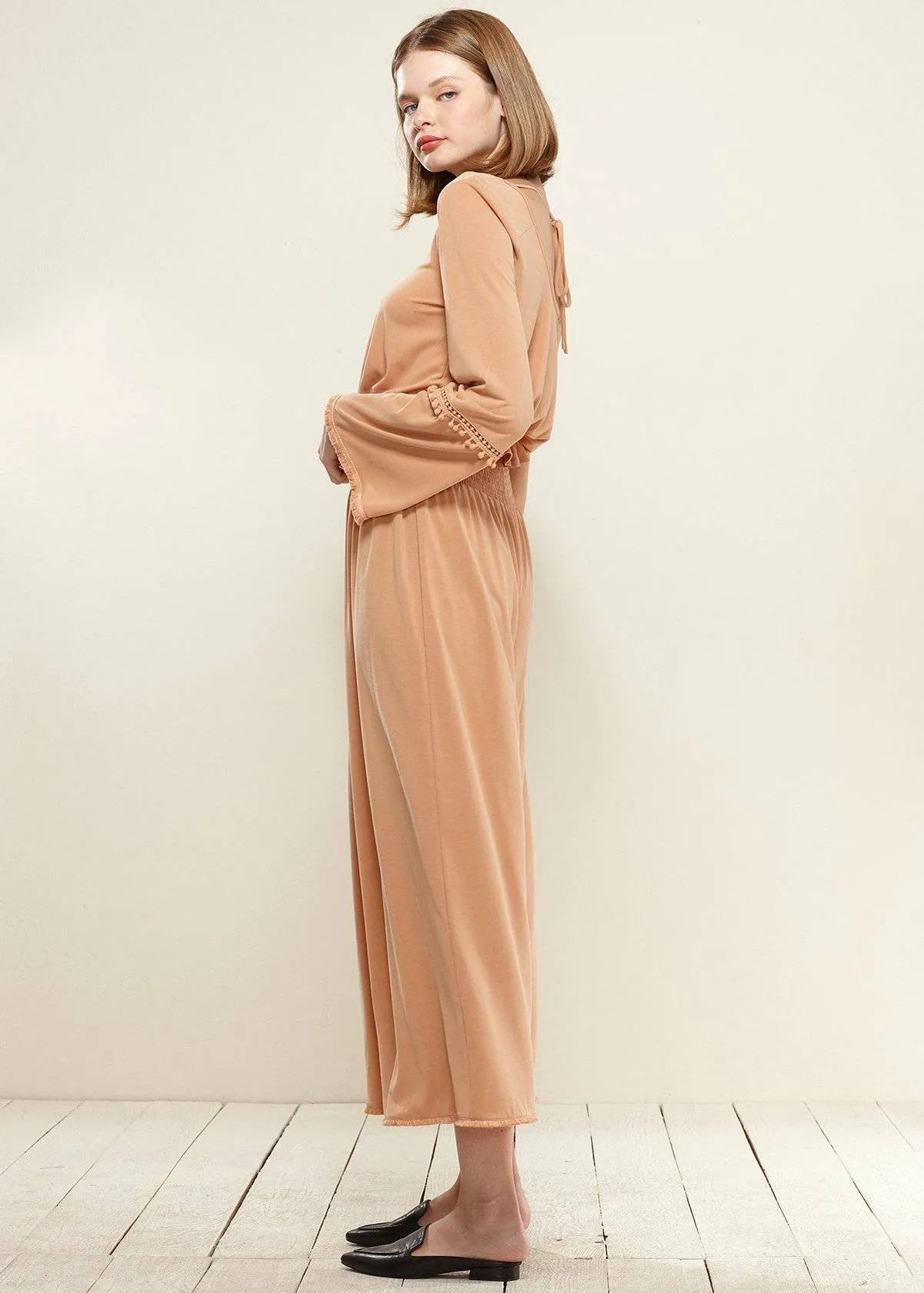 Women's Smocked Waist Wide Leg Palazzo Pants in Apricot
