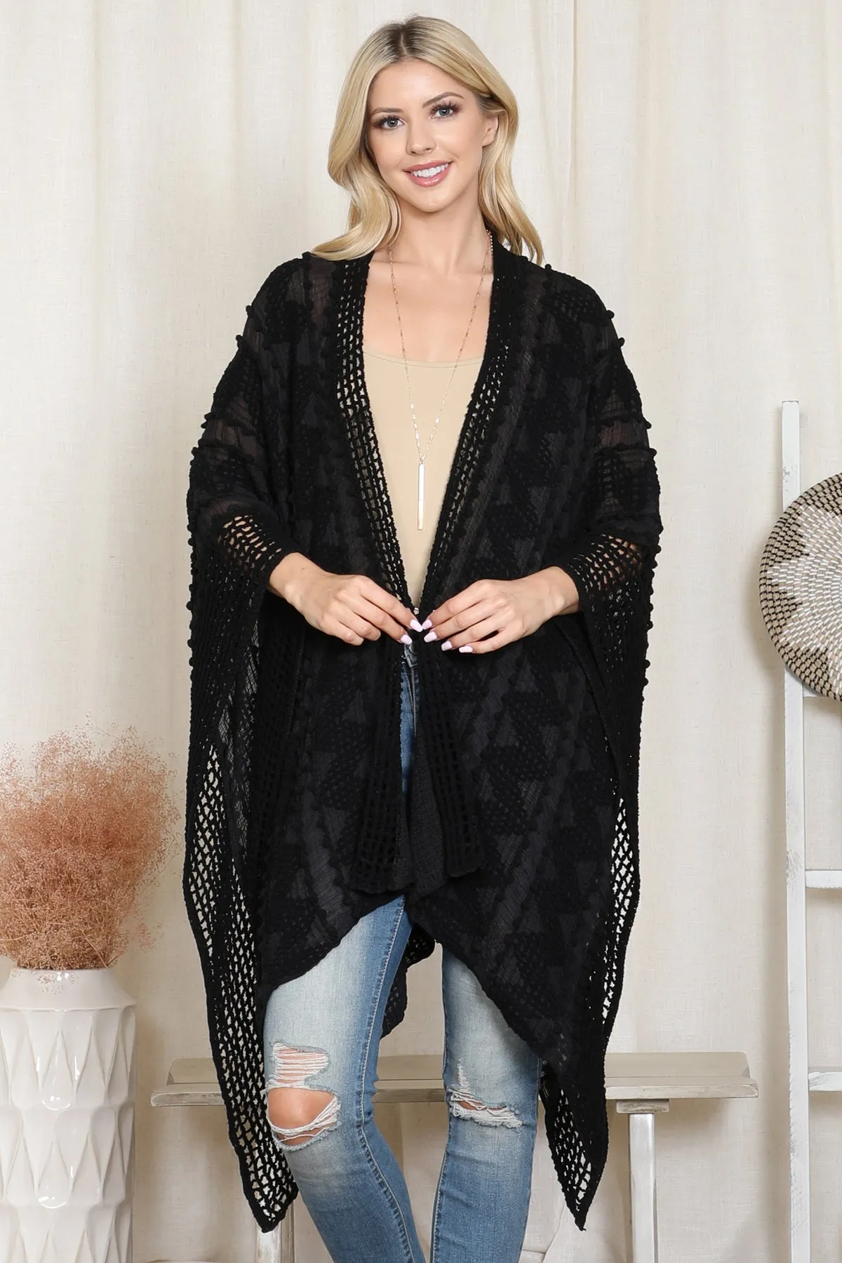 ZIGZAG POMPOM CROCHET PALMER KIMONO