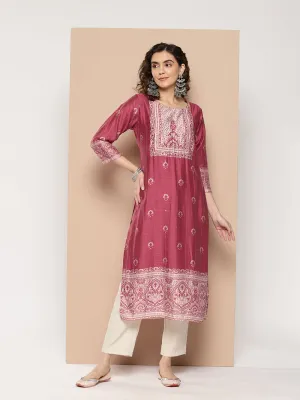 ZOLA Exclusive Round Neck Muslin All over Ethnic Print Calf Length Magenta Straight Kurta For Women