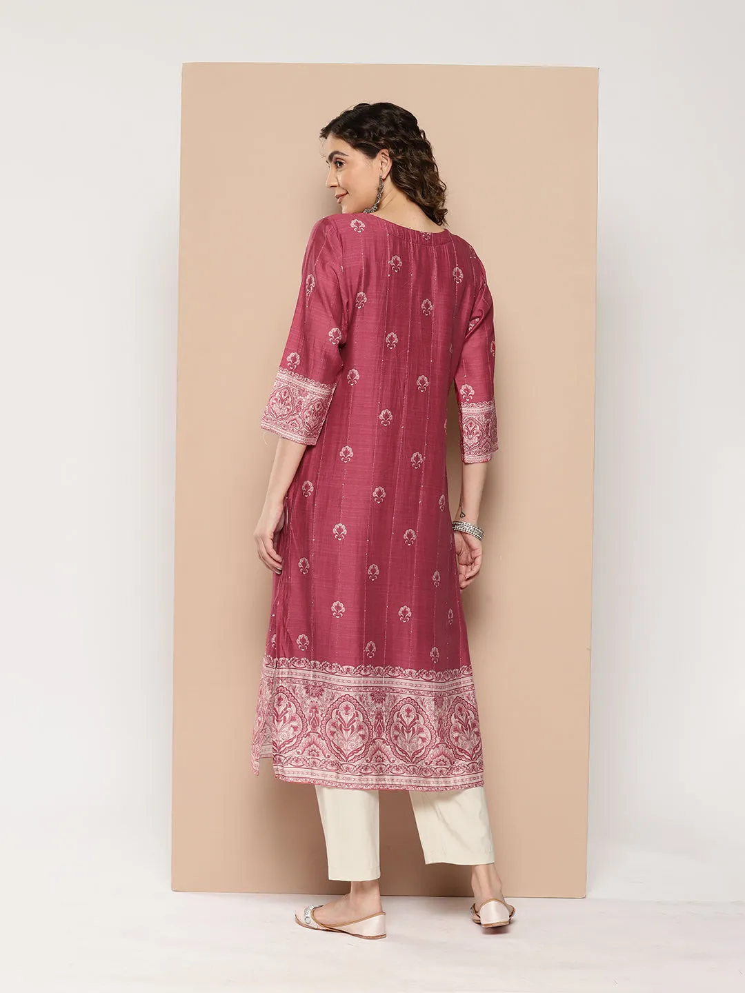 ZOLA Exclusive Round Neck Muslin All over Ethnic Print Calf Length Magenta Straight Kurta For Women