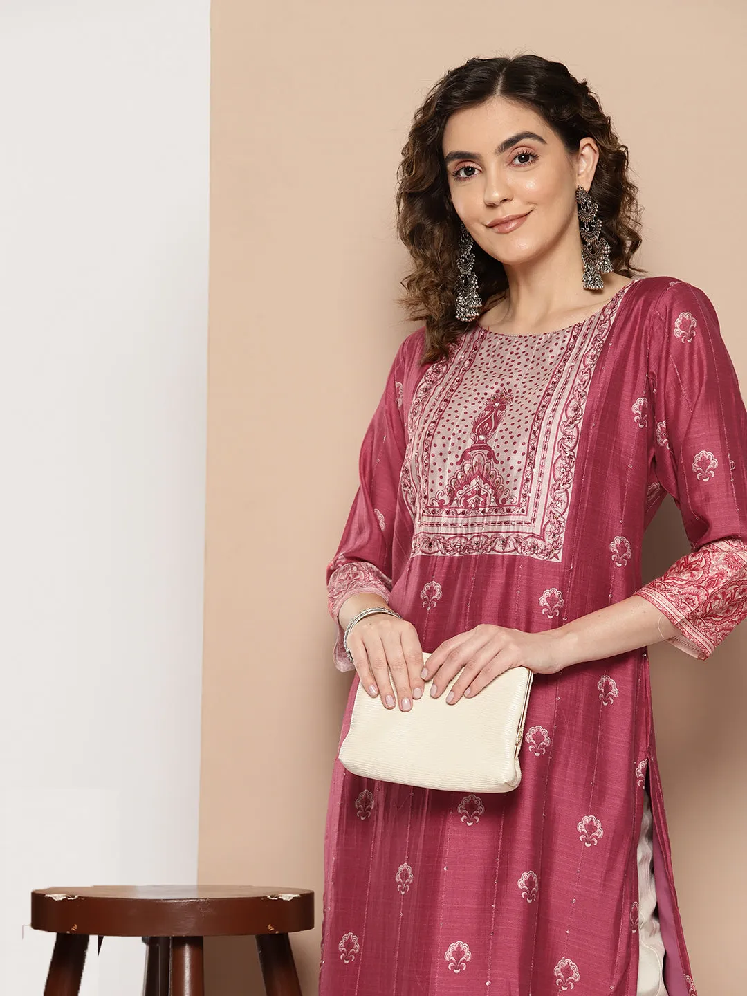 ZOLA Exclusive Round Neck Muslin All over Ethnic Print Calf Length Magenta Straight Kurta For Women