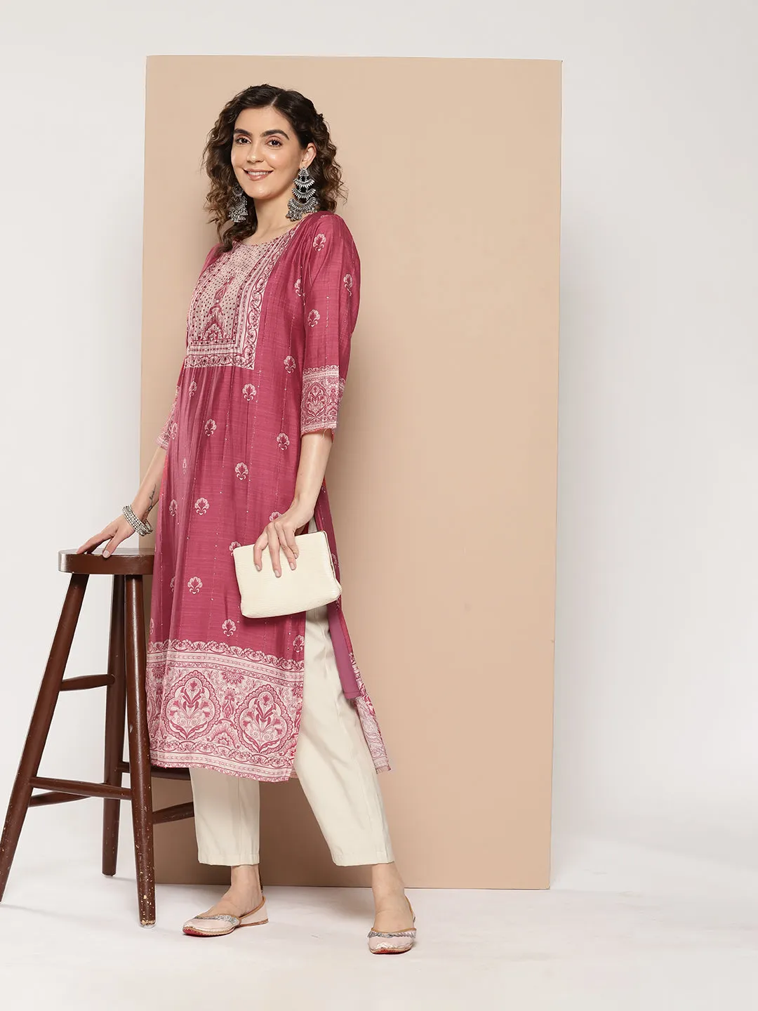 ZOLA Exclusive Round Neck Muslin All over Ethnic Print Calf Length Magenta Straight Kurta For Women