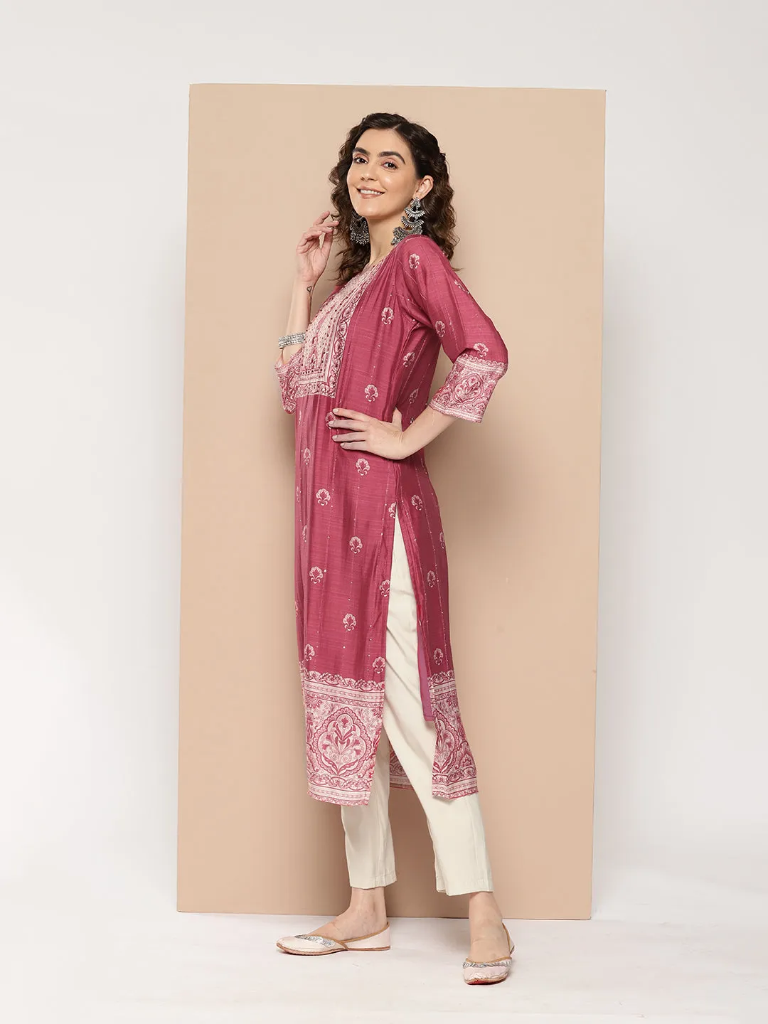 ZOLA Exclusive Round Neck Muslin All over Ethnic Print Calf Length Magenta Straight Kurta For Women