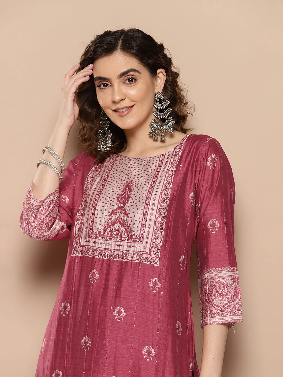 ZOLA Exclusive Round Neck Muslin All over Ethnic Print Calf Length Magenta Straight Kurta For Women